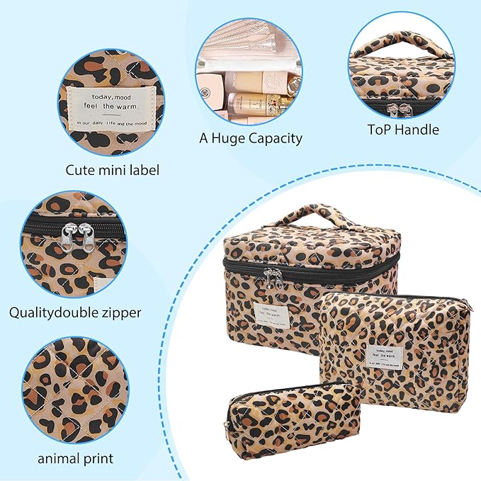 Cozomga Quilted Makeup Bag, Large Capacity Travel Cosmetic Bag for Women and Girls, Aesthetic Storage for Daily and Travel Use (3pcs-Classicleopard)