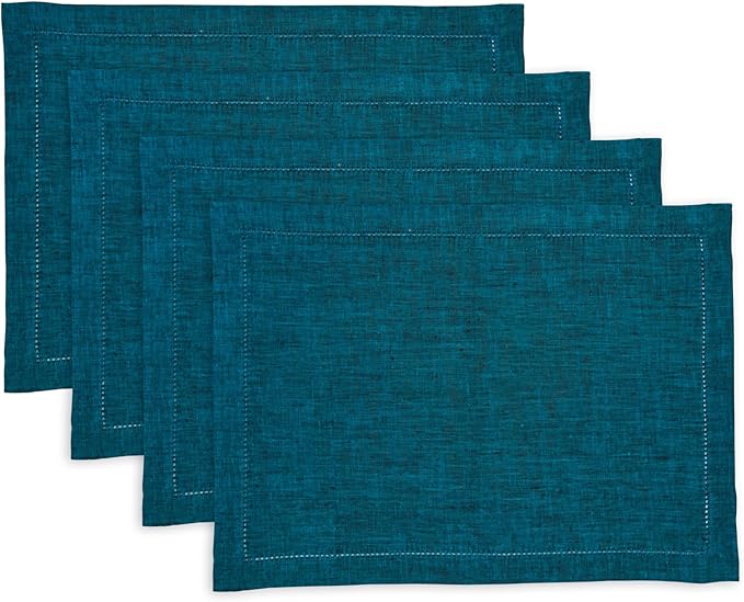 Solino Home Linen Cloth Placemats Set of 4-100% Pure Linen Hemstitch Chambray Teal Placemats 14 x 19 Inch - Milan Hemstitch Table Place Mats for Spring, Easter, St Patricks Day