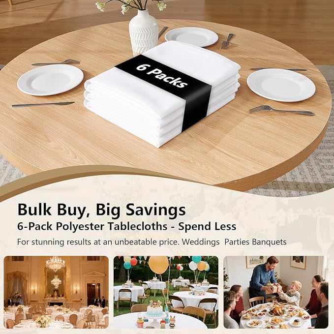 White Round Tablecloth 6-Pack, 120 Inch Diameter Table Cloth for Round Tables - Polyester Fabric Tablecloths, Reusable & Washable Table Cover