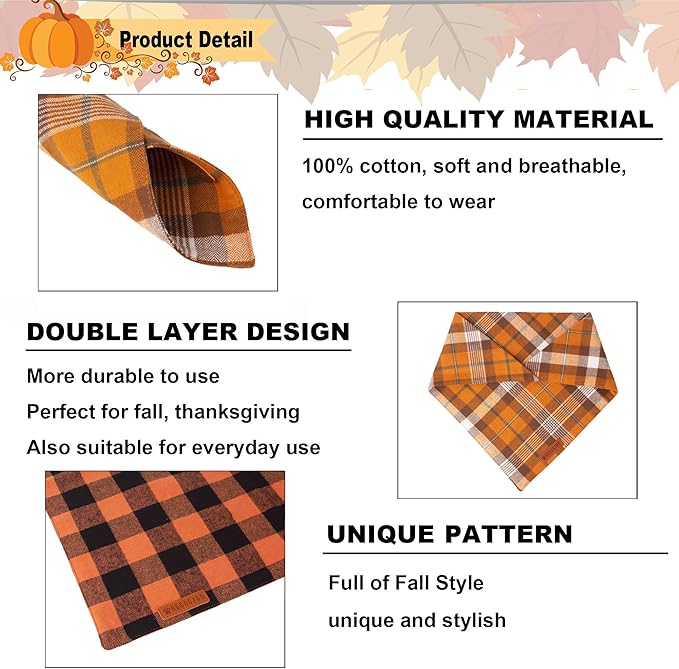 ADOGGYGO Fall Dog Bandanas 2 Pack, Halloween Thanksgiving Holiday Pet Scarf, Multiple Sizes Offered, Orange Plaid Fall Bandana for Medium Large Dogs (Large)