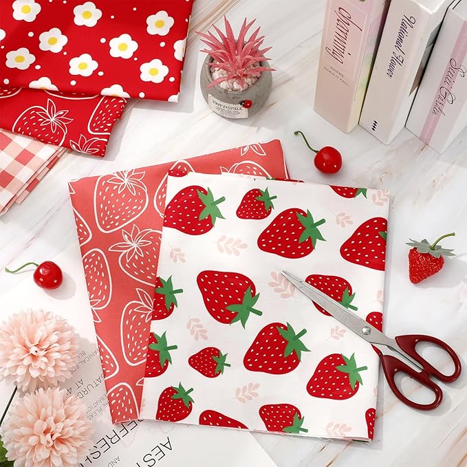 JarThenaAMCS 12Pcs Strawberry Cotton Fabric Bundles 18 x 22 Inch Strawberry Flower Plaid Fat Quarters Colorful Sewing Fabrics for DIY Craft Party Decor