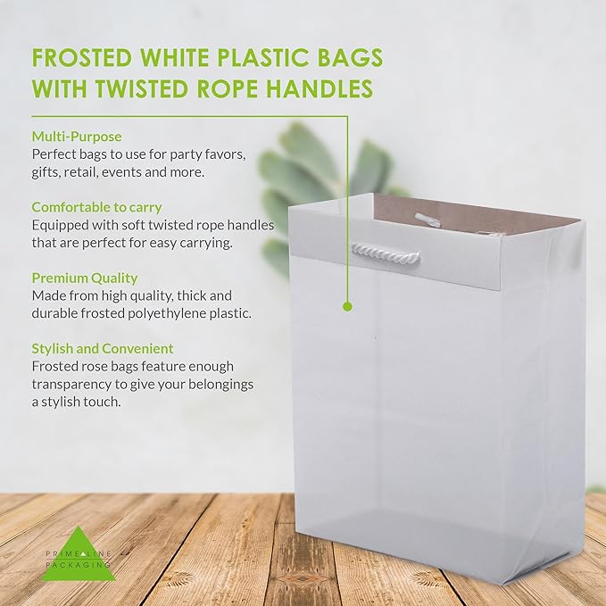 Prime Line Packaging Frosted White Gift Bags, Reusable Shopping Bags with Rope Handles for Retail, Merchandise, Small Business, Boutiques, Bulk, 8x4x10, 100 Pack