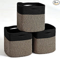 ICERZCZ 11 Inch Cube Storage Bins, Storage Cube Organizer Bins, Woven Cotton Rope Baskets for Storage, Storage Basket for Organizing Shelves, Square Baskets for Toys Nursery, Black & Jute (Pack of 3)