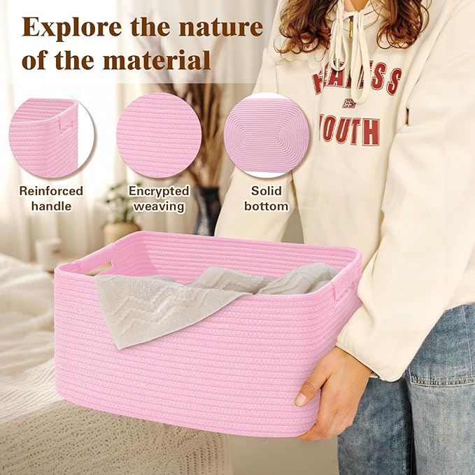 4 Pack Large Storage Basket for Organizing, 17.5"x13.5"x7.5" Woven Basket for Shelves, Closet Cube Storage Bins with Wrapped Handle, Cotton Rope Baskets for Kitchen, Clothes, Toys(Light Pink)