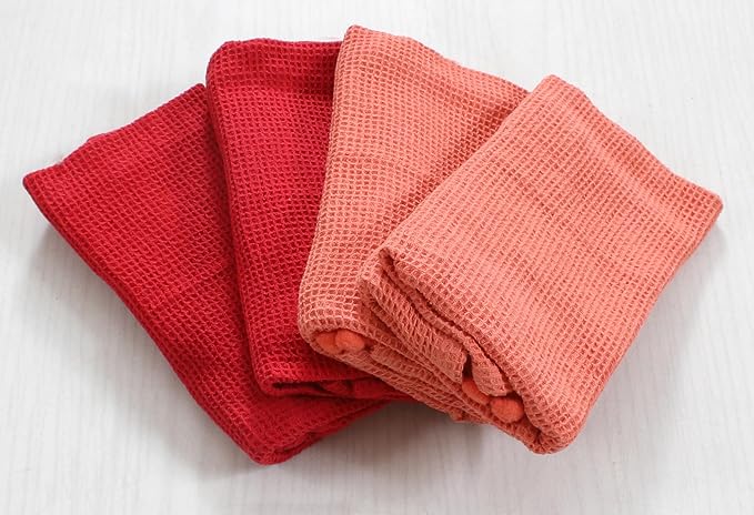 ACCENTHOME 100% Cotton Waffle Weave Kitchen Towel Set of 4 Super Soft Absorbent Christmas Tea Towels Durable Cleaning Dish Cloths for Mess & Quick Drying Dishes Rags 18x26 inches in Red & Coral Color