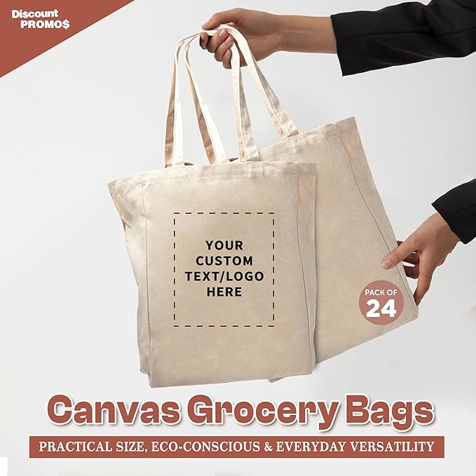 DISCOUNT PROMOS Custom Cotton Canvas Tote Bags Set of 100 - Personalized, Reusable, Perfect for Grocery, Promotions, Branding - Natural Color, 14.25"X15.5"X5", 10 OZ Cotton