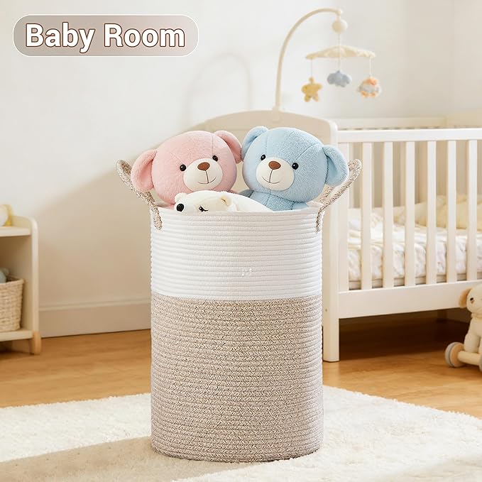 SunNewt Tall Laundry Basket with Handles, 72L Portable Dirty Clothes Hamper, Boho Cotton Rope Storage Bin for Blankets Kids Toys Gifts, Large Organizer for Baby Nursery Bedroom Bathroom, Brown