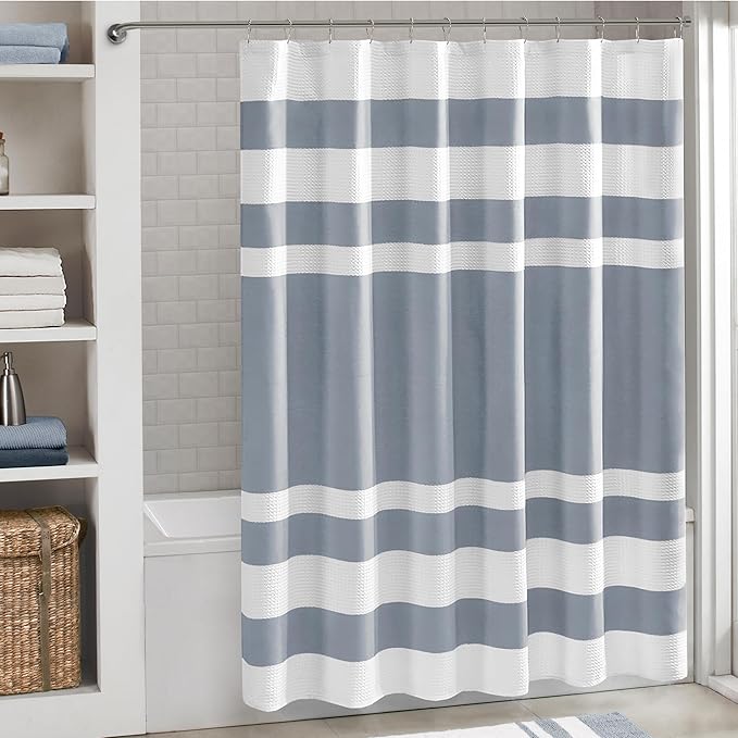 Madison Park Spa Waffle Shower Curtain Pieced Fabric with 3M Scotchgard Moisture Management, Premium Spa Quality Modern Shower Curtains for Bathroom, Standard 72x72, Indigo Blue