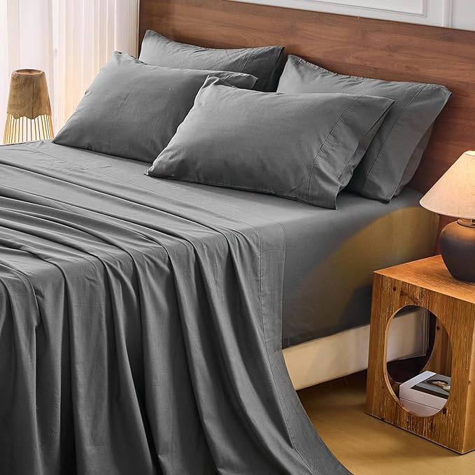 Bedlifes 100% French Flax Linen Sheets Set California King Size-6 Piece Extra Deep Pocket 18-24",Soft Breathable Cal King Bed Sheets with Temperature Regulating & Moisture-Wicking(Dark Grey