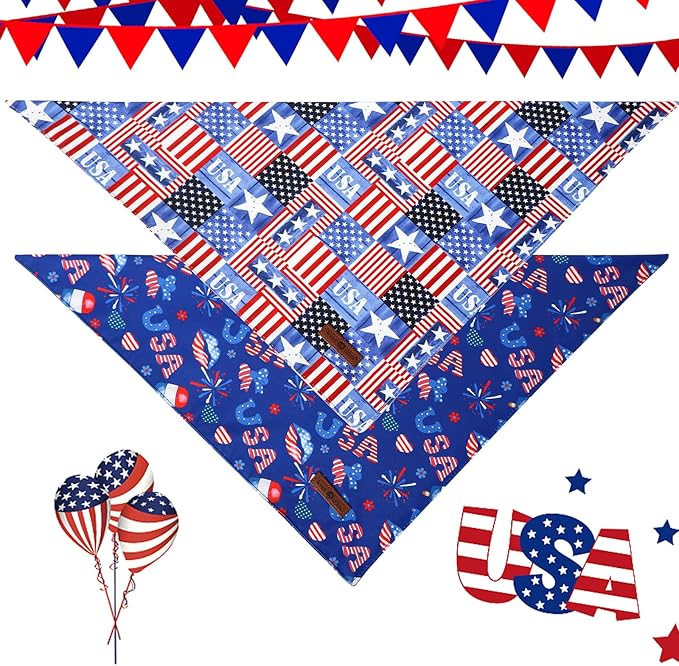 Lionet Paws Summer 2pcs Dog Bandanas, 4th of July USA Dog Scarf Bib Premium Fabric, Happy American Flag Blue Bandanas for Small Medium Dogs Pets