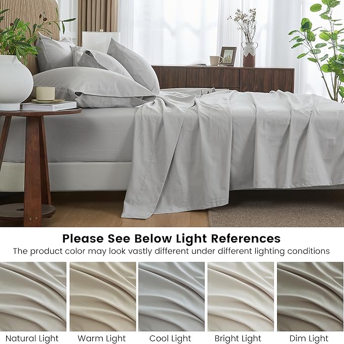 Simple&Opulence Belgian Linen Sheet Set Solid Color - 6 Pieces (1 Flat Sheet & 1 Fitted Sheet & 4 Pillowcases) 16" Deep Pocket Natural Flax Cotton Blended Soft Bedding - Khaki Grey, King Size