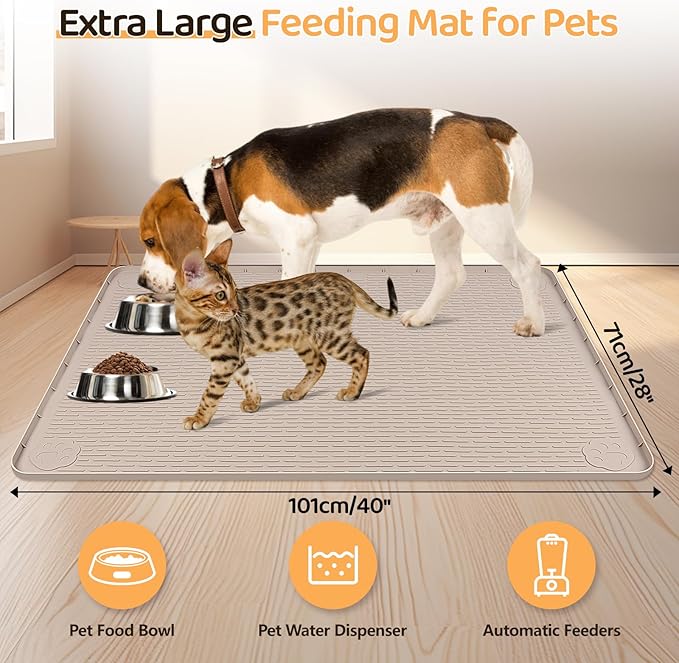 Bartuke Dog Food Mat, Extra Large 40" x 28" Silicone Pet Feeding Mat for Small, Medium, and Large Pets Non-Slip, Easy to Clean, Khaki