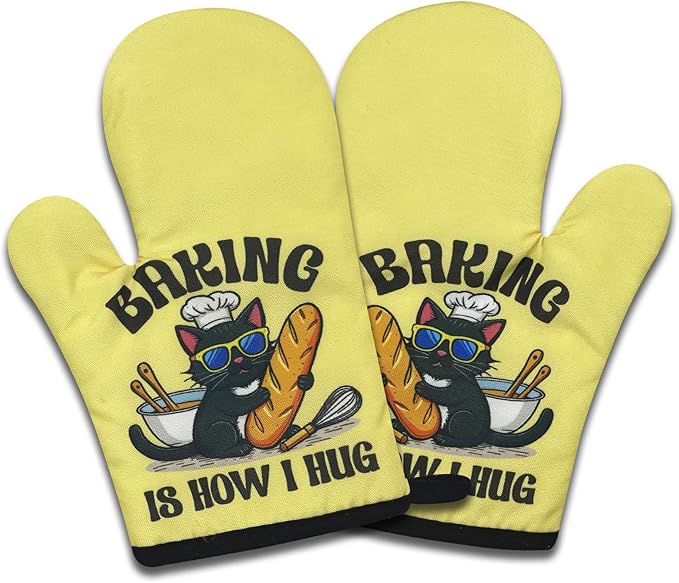 2 Pack Funny Black Cat Oven Mitts, Baking is How I Hug, Heat Resistant Silicone Non-Slip Mitts, Kitchen Baking Gifts for Cat Lovers, Sweet Housewarming Gifts for Hostess Chef Baker Friend