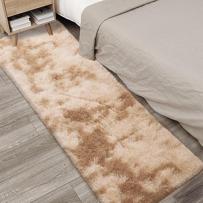 2x6 Soft Fluffy Beige Runner Rug for Bedroom Hallway, Plush Shag Rug Tan Carpet Non Slip Washable for Nursery Dorm Living Room, Fuzzy Bedside Long Rug Runner for Kids Girls Room Decor
