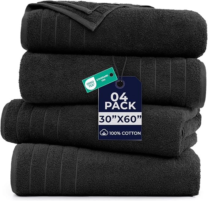 DAN River Extra Large Bath Towels Set of 4, 30 x 60 Inches - 100% Cotton Larger & Lighter Weight Towels for Bathroom - Quicker to Dry, Super Soft & Highly Absorbent Towels for Home, Black