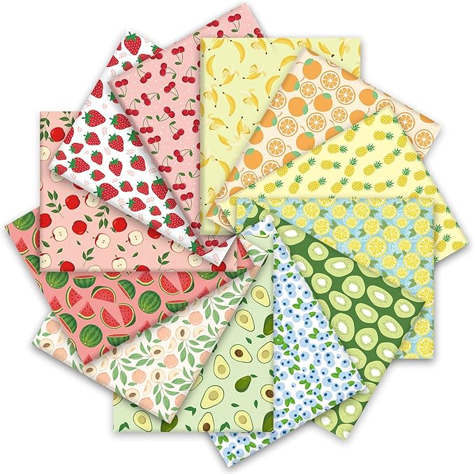 JarThenaAMCS 12Pcs Fruit Cotton Fabric Bundles Colorful Fruit Theme Fat Quarter Summer Quilting Patchwork for DIY Handmade Sewing Crafting, 18 x 22 Inch