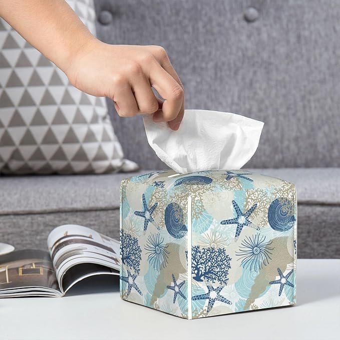 POIUBLE Tissue Box Holder Corals and Seashells Tissue Box Cover Square Leather Tissue Holder Organizer Portable Decorative Facial Paper Case for Home Office Bathroom Vanity Countertop