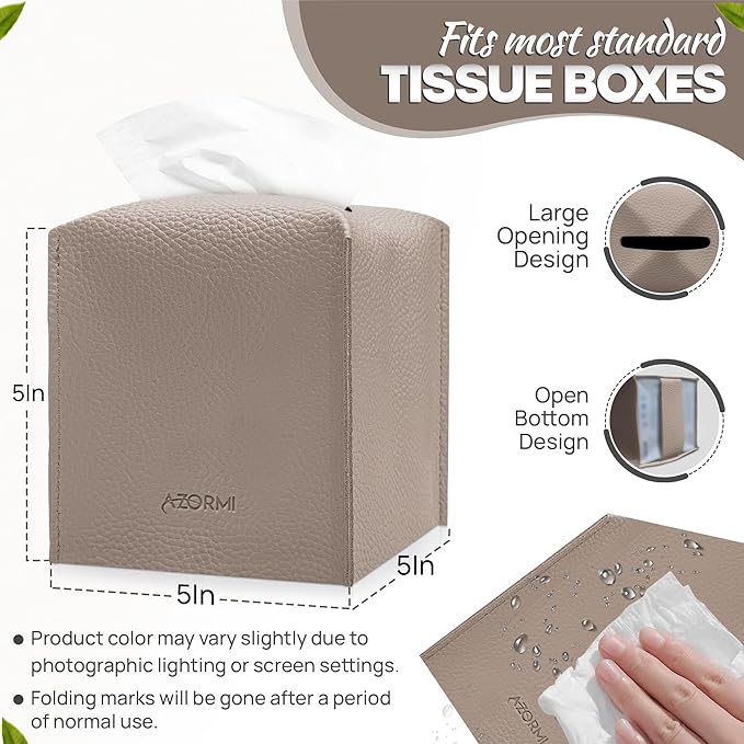 Tissue Box Cover Holder, PU Leather Tissue Box Cover Square with Bottom Belt, Cube Tissue Holder for Bathroom, Modern Organizer for Car, Office, Tabletop (Deep Lotus Root)