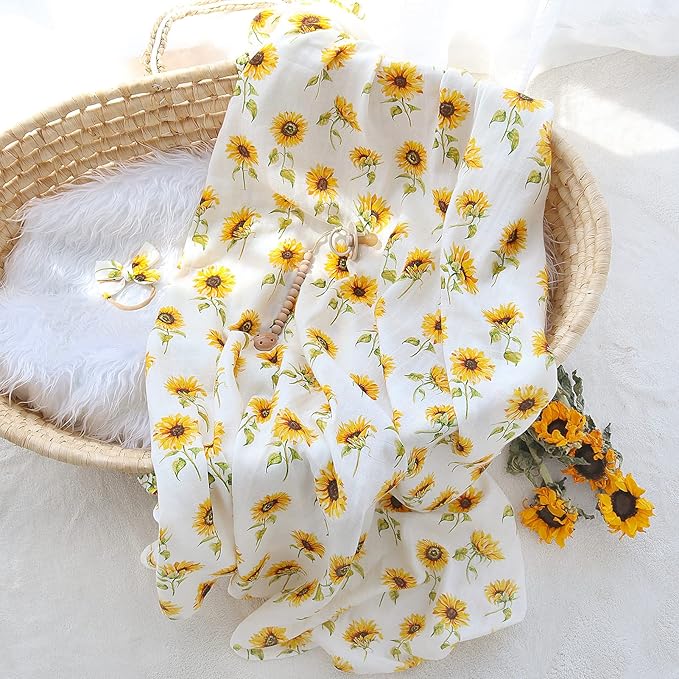 LifeTree Baby Muslin Swaddle Blankets for Boys & Girls, Newborn Swaddle Set with Matching Headband Bow, Infant Blanket Wrap, 47 x 47 inches, Sunflowers, 70% Viscose from Bamboo and 30% Cotton
