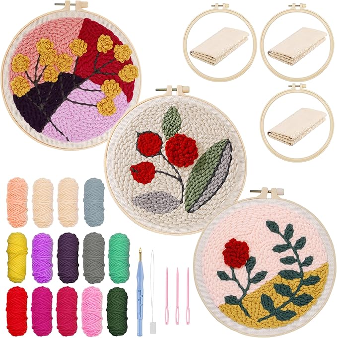 Allazone 3 Set Punch Needle Kits, 20 cm Embroidery Starter Kits with Rose Pattern, Punch Needle Tool Threader Fabric Embroidery Hoop, Yarn and Home Decor