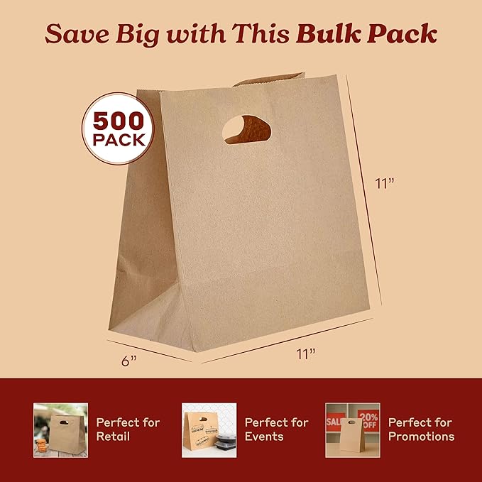 Natural Brown Kraft Paper Bags with Die Cut Handles 11" x 6" x 11" - Recyclable Shopping Tote Bag for Retail, Gifts, Restaurant Takeout, Catering, Bakery, Small Business, Party Favors - 500 Pack