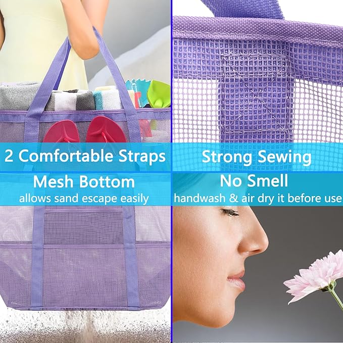 Fammart Mesh Beach Bag, Large Beach Tote Bags with Zipper, Toys Pool Bag for Family Travel Vacation Cruise Essentials