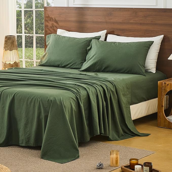 Bedlifes 100% French Pure Linen Sheets California King Size Breathable and Cooling Flax Sheet Set Soft Durable and Moisture Wicking 16 Inch Deep Pocket-4 Piece(Cal King,Forest Green)
