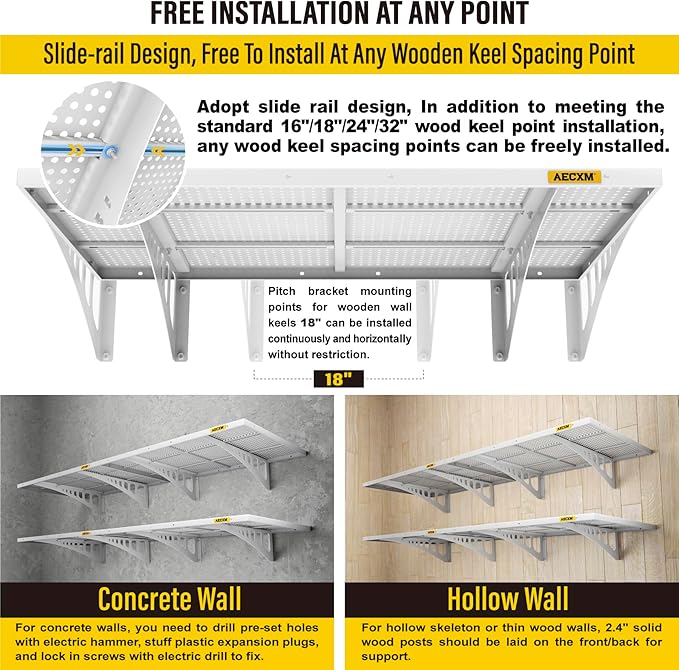 Aecxm 4-pack 2x3ft Adjustable Garage Wall Shelving 1120lbs Load Capacity Heavy Duty Wall Mounted Storage Shelf Metal Floating Shelves for Garage(White)