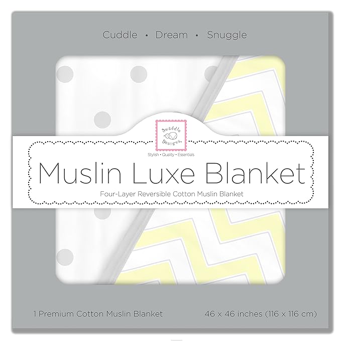 SwaddleDesigns 4-Layer Cotton Muslin Luxe Blanket, Baby and Toddler Cuddle and Dream, 46x46 inches, Yellow Chevron and Dots