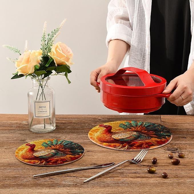 Thanksgiving Turkey and Autumn Leaves Trivets for Hot Dishes Pots and Pans Potholders Woven Trivet Cotton Round Large Pot Holder Decor Heat Resistant Hot Pads Mat for Table Counter Cooking Poth