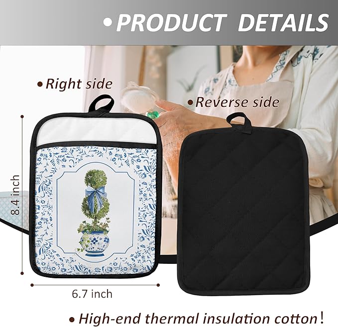 Blue and White Chinoiserie Floral Pot Holders with Pockets, Blue Coquette Bow Porcelain Floral Pot Holders Heat Resistant Oven Mitts Hot Pads for Kitchen Baking Cooking,Potholders for Kitchens