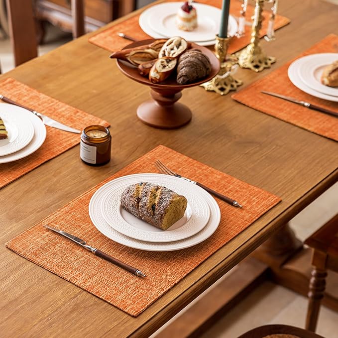 KXN Placemats Set of 6, Dual-Layer Thickened Faux Linen Table Mats, Heat Resistant & Wrinkle-Free, Machine Washable Cloth Place Mats for Kitchen Dining Indoor Outdoor (Orange)