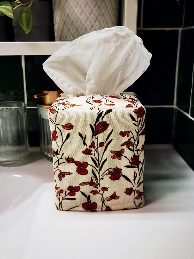 Fabric Tissue Box Cover Square, Vintage Floral Print Corduroy Tissue Holder, Bouquet Wrapping Bag 4.4"X4.4"X5.1", Creamy White