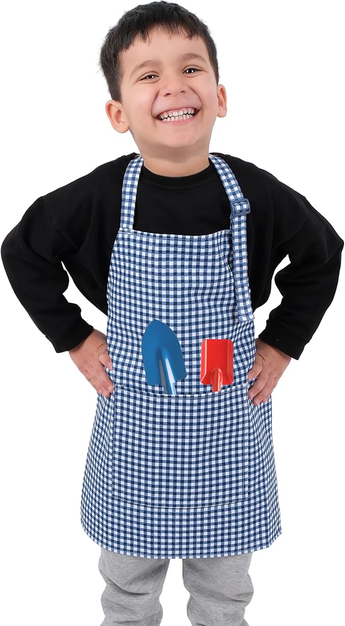 Kids Aprons for Cooking Waterdrop Resistant Aprons for Girl & Boy Toddler Apron for Painting, Gardening, Baking, Smock (Plaid Navy Blue, Small (3-5 years))