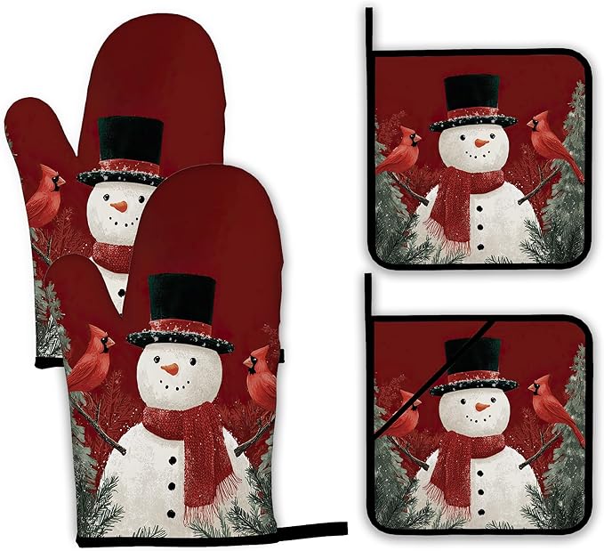 Christmas Snowman Oven Mitts and Pot Holders,Cardinal Heat Resistant Oven Mitts Gloves and Pot Holder for Home Kitchen Decorations Cooking Baking BBQ Gifts,Set of 4
