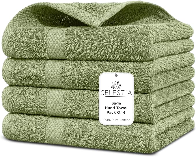 Villa Celestia 100% Cotton Hand Towel Set of 4, (16 x 28 inches) Sustainable, Soft, Highly Absorbent, Quick Drying, Combed Cotton Hand Towels Pack of 4 Ideal for Hotels, Spa, Bathroom, Dorm, Sage