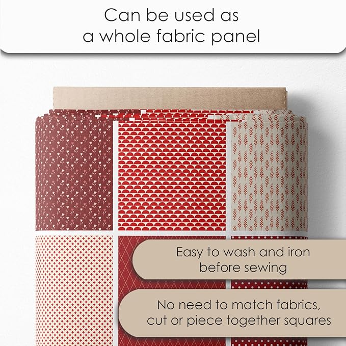 Cotton Satin Patchwork Fabric Panel – 35 Designs, 20×20 cm Squares, Single Piece 150×110 cm, Red Patchwork Quilt Fabric (Scarlet Love Patchwork Set, 35pcs 8x8 inch)