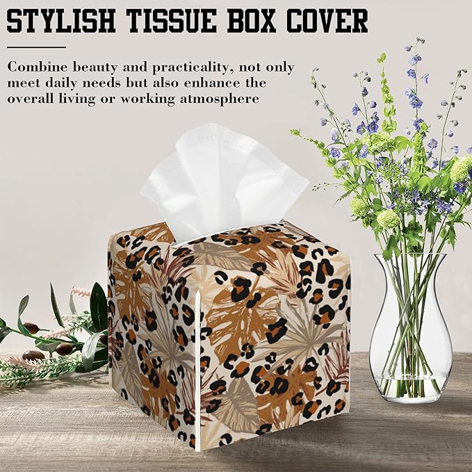OHEGBXE Tissue Box Holder Tropical Leaves and Brown Leopard Spots Square Leather Tissue Box Cover Modern Cube Facial Paper Cover Case for Bathroom Vanity Countertop Night Stands Tabletop
