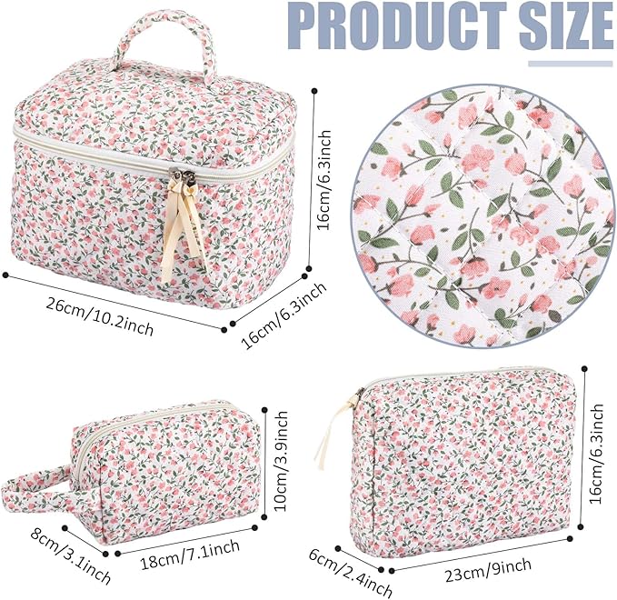 Paterr Makeup Bag Set 3 Pcs Large Quilted Cotton Make up Bags for Women Cosmetic Travel Toiletry Organizer Pouch Cute Aesthetic Storage Purse(Pink,Pink Floral)