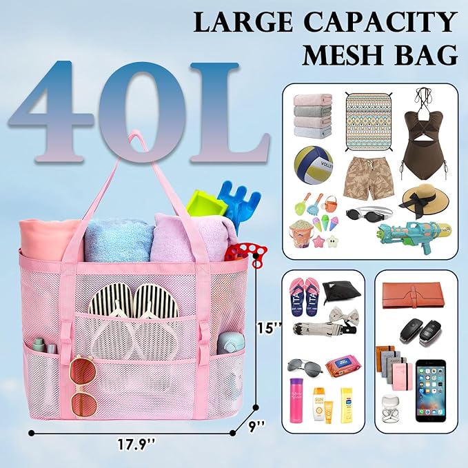 Fammart Mesh Beach Bag, Large Beach Tote with Zipper Pocket for Family Pool Bag for Toys & Vacation Essentials