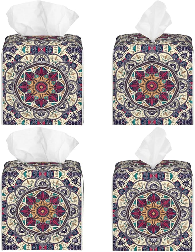 PVC Tissue Box Cover Holder,Mandala Square Decorative Organizer,5.2"X5.2"X5.2"Tissue Case for Bathroom,Tabletop,Car,Office