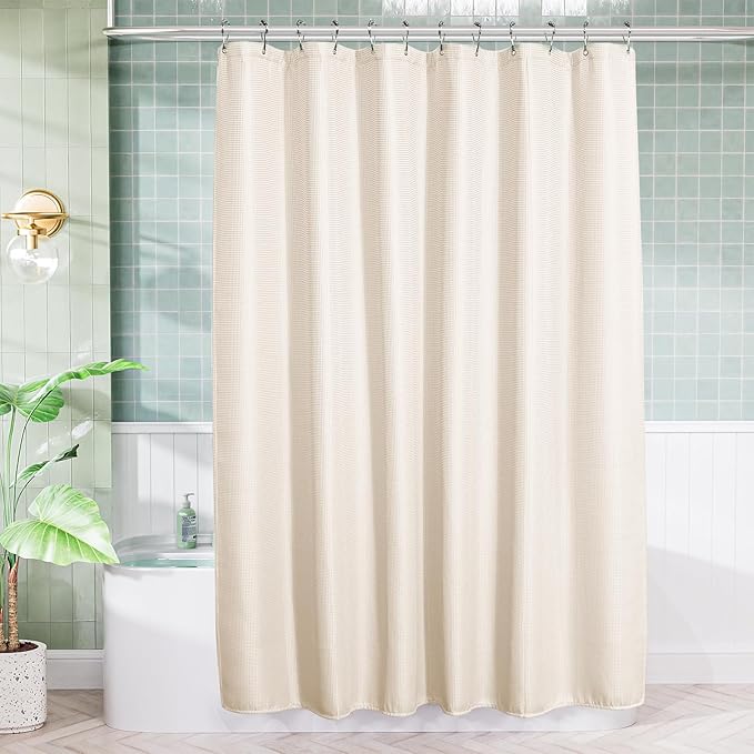 AmazerBath Waffle Shower Curtain, Heavy Duty Fabric Shower Curtain with Waffle Weave Hotel Quality Bathroom Curtains, 72 x 72 Inches (Cream Yellow)