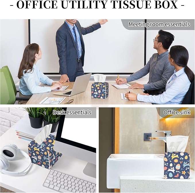 Tissue Box Cover Holder, Colorful Easter Bunnies Eggs and Flowers PU Leather Square Tissue Box Cover Decorative Organizer for Bathroom Kitchen Bedroom Vanity Countertop Night Stands
