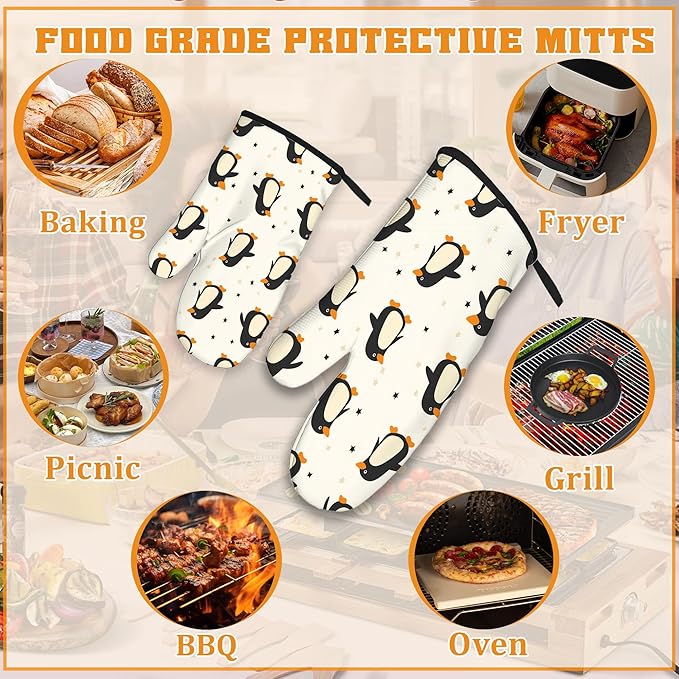 Cute Penguin Oven Mitts and Pot Holders Set,Kitchen Decor Heat Resistant Non Slip Hot Pads and Oven Mitt for Chef Cooking Baking BBQ Mom Girl Gifts(4 Piece Set)