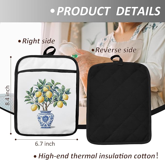 Blue and White Porcelain Lemon Pot Holders with Pockets, Lemon Gifts Pot Holders Heat Resistant Oven Mitts Hot Pads for Kitchen Baking Cooking,Potholders for Kitchens