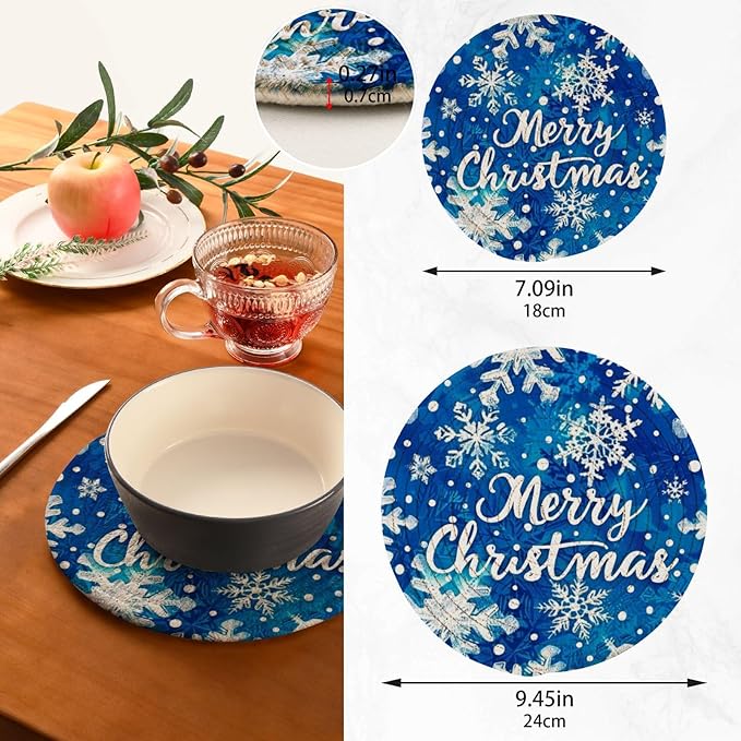 Boccsty Blue Snowflakes Pattern Trivet Mat 2PCS Christmas Round Woven Potholders Kitchen Table Countertop Protector Hot Pads Farmhouse Coasters Counter Mats for Cooking Baking