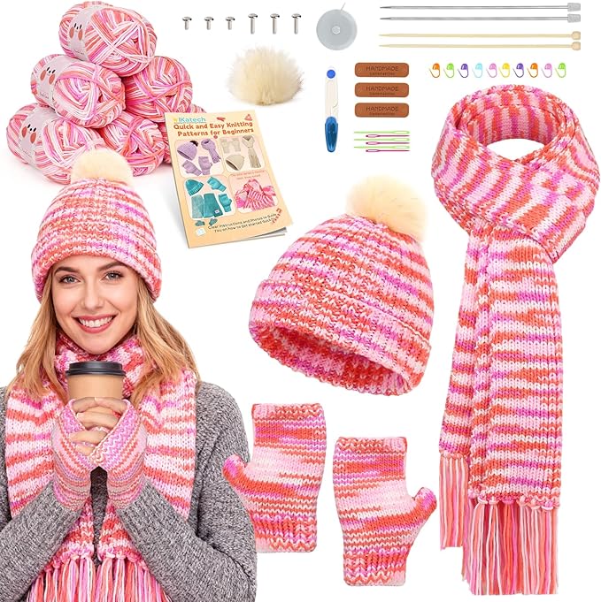 Katech Beginner Knitting Kit for Adults - Learn to Knit with Step-by-Step Instructions - Complete Hat, Scarf, Gloves Starter Kit（Colorful）