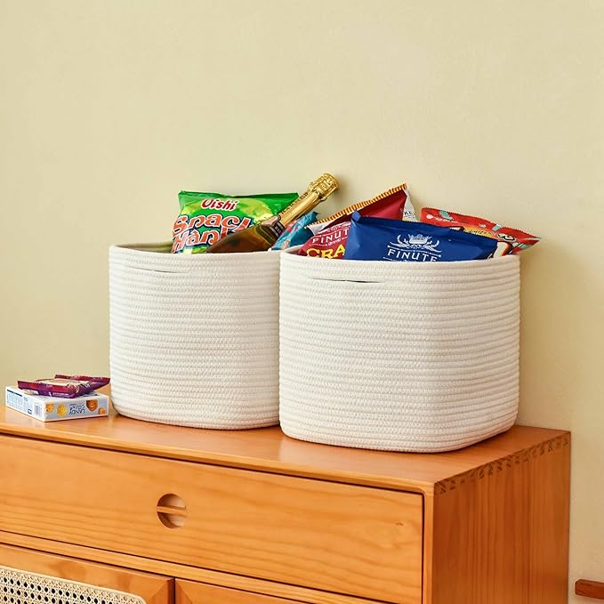 Gocjuaza 3 Pack Storage Cubes 11 Inch Cotton Rope Woven Baskets for Organizing Cube Bin Square Shelves Organizer,Classroom,Kids Toy Bins,Closet,Baby Nursery(Creamy White)
