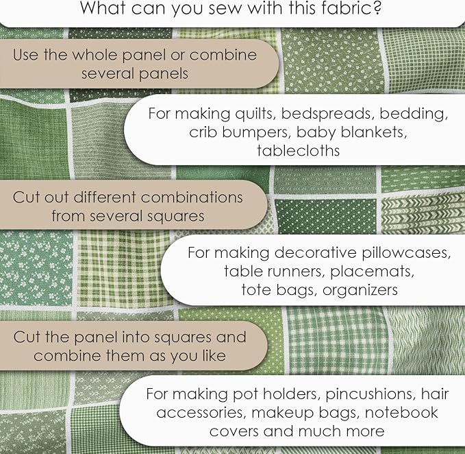 Cotton Satin Patchwork Fabric Panel – 35 Designs, 20×20 cm Squares, Single Piece 150×110 cm, Green Patchwork Quilt Fabric (Olive Garden Patchwork Set, 35pcs 8x8 inch)
