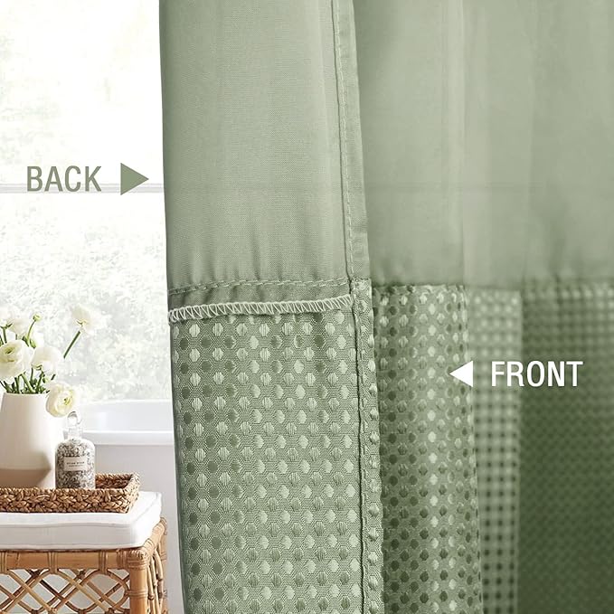 Gibelle Small Stall Shower Curtain 36 x 72, Narrow Half Waffle Weave Fabric Shower Curtain with Mesh Top Window and Hooks Set, Hotel Style Bathroom Design, Sage Green